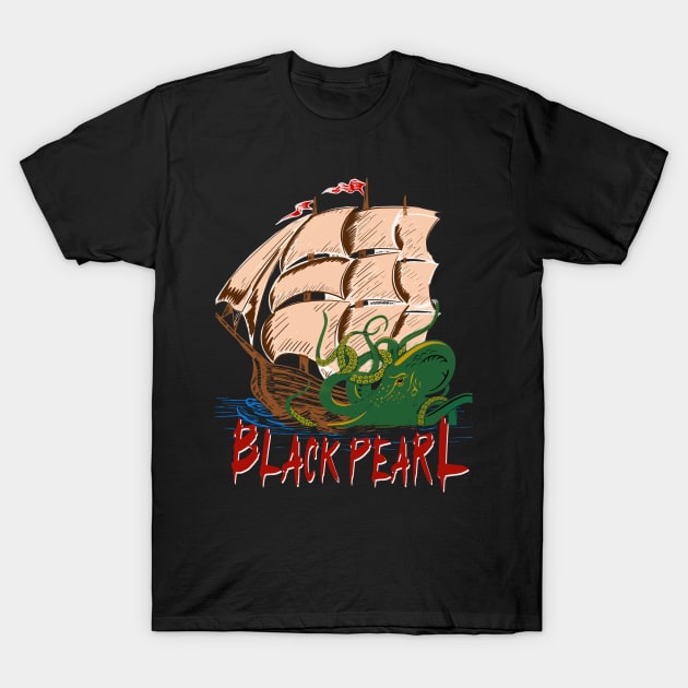 Black Pearl The Pirate Ship with Giant Kraken Sea Monster Vintage T-Shirt by Andrew Collins